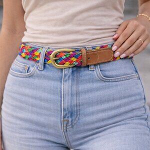 Vtg. Colorful Rainbow Colors Braided Woven Belt Handmade M/L W/Goldtone Buckle